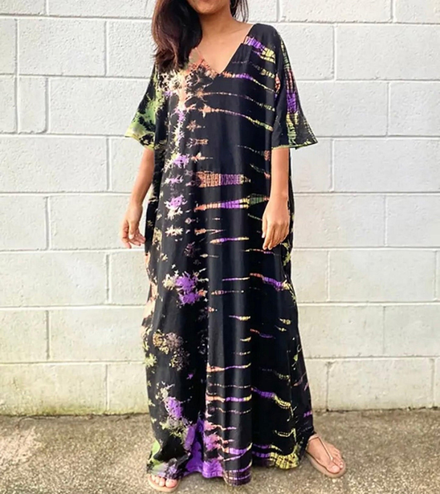 Bohemian Tie Dye Kaftan Dress, Boho Retro Striped Tie Dye Women Swimsuit Cover Up, Beach Dress Kaftan - Sandrine Swank