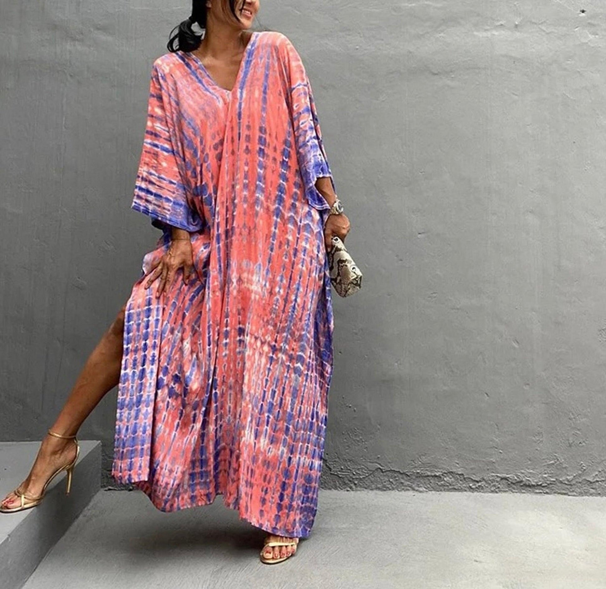 Bohemian Kaftan, Boho Retro Striped Tie Dye Women Swimsuit Cover Up, Beach Dress Kaftan - Sandrine Swank