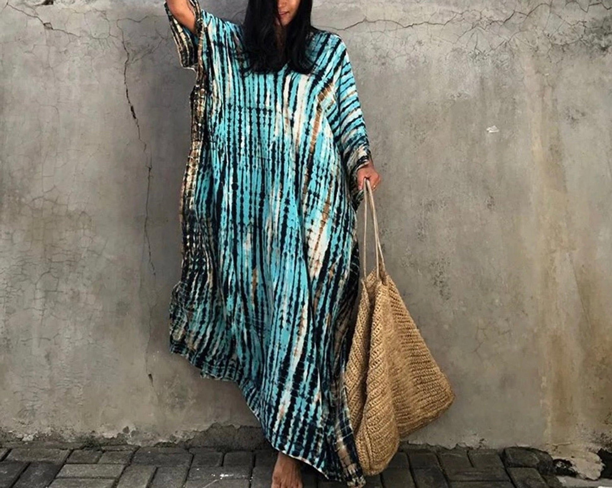 Tie Dye Boho Kaftan, Bohemian Kaftan Dress, Boho Retro Striped Tie Dye Women Swimsuit Cover Up, Beach Dress Kaftan - Sandrine Swank