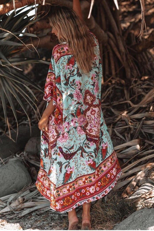 Bohemian Kimono, Green Peacock Print Bat Sleeve Beach Kimono, Boho Bikini Cover-ups - Sandrine Swank