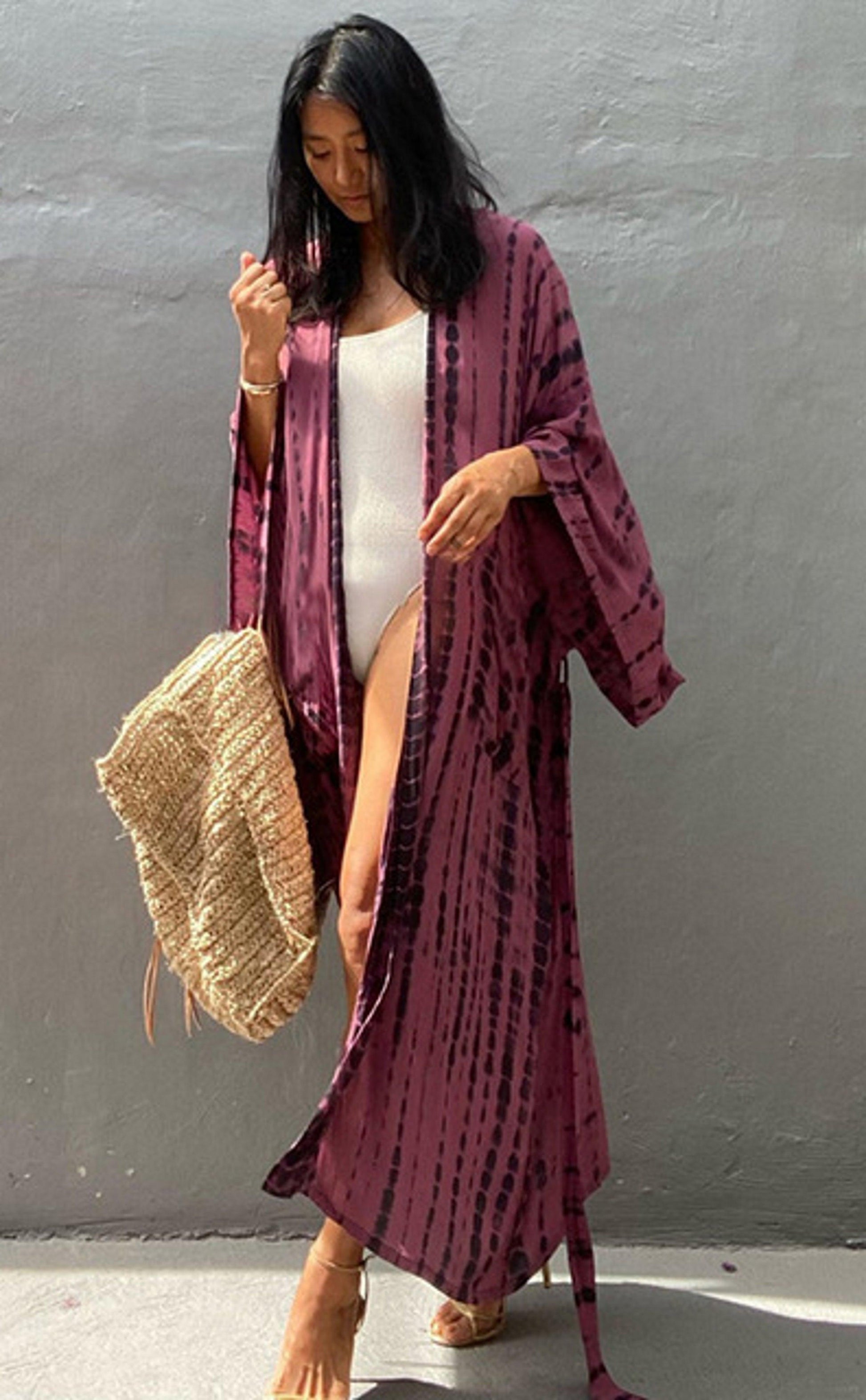 Bohemian striped Print V-neck batwing Sleeves Sashes Kimono, Kimono robe Ladies Boho Maxi Bikini Cover-up - Boldnaccs By Artisans