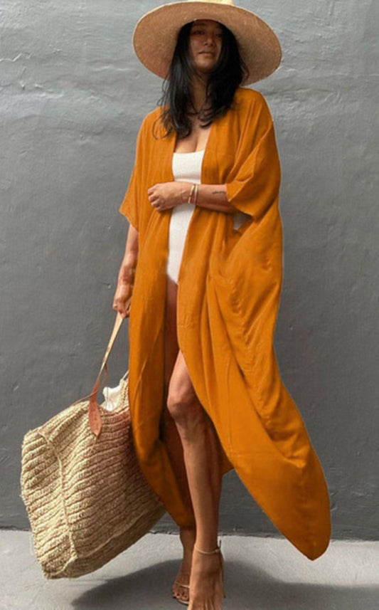 Bohemian Long Kimono, Beach Cover Up Kimono, Solid Color Bohemian Kimono - Boldnaccs By Artisans