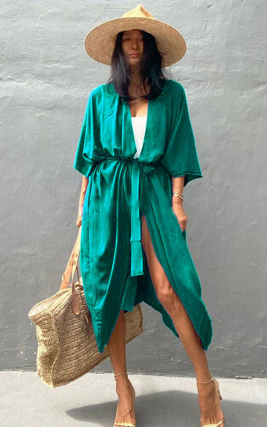 Bohemian Long Kimono, Beach Cover Up Kimono, Solid Color Bohemian Kimono - Boldnaccs By Artisans