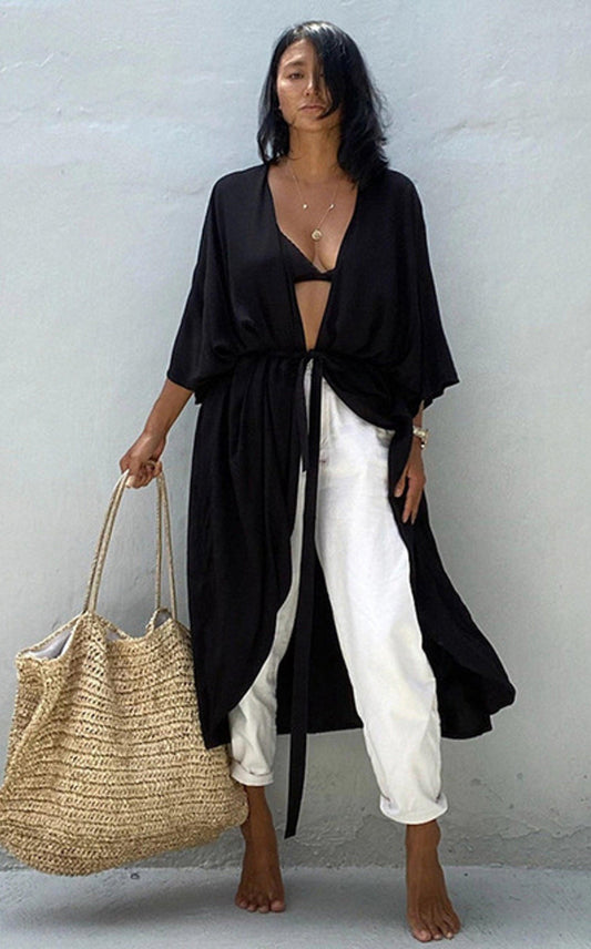 Bohemian Long Kimono, Beach Cover Up Kimono, Solid Color Bohemian Kimono - Boldnaccs By Artisans