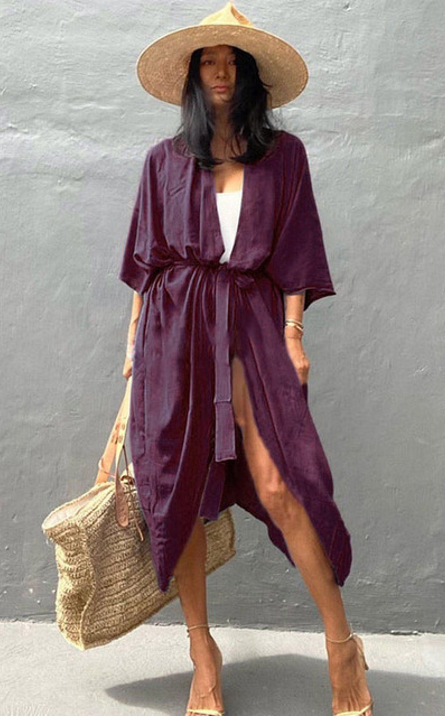 Bohemian Long Kimono, Beach Cover Up Kimono, Solid Color Bohemian Kimono - Boldnaccs By Artisans