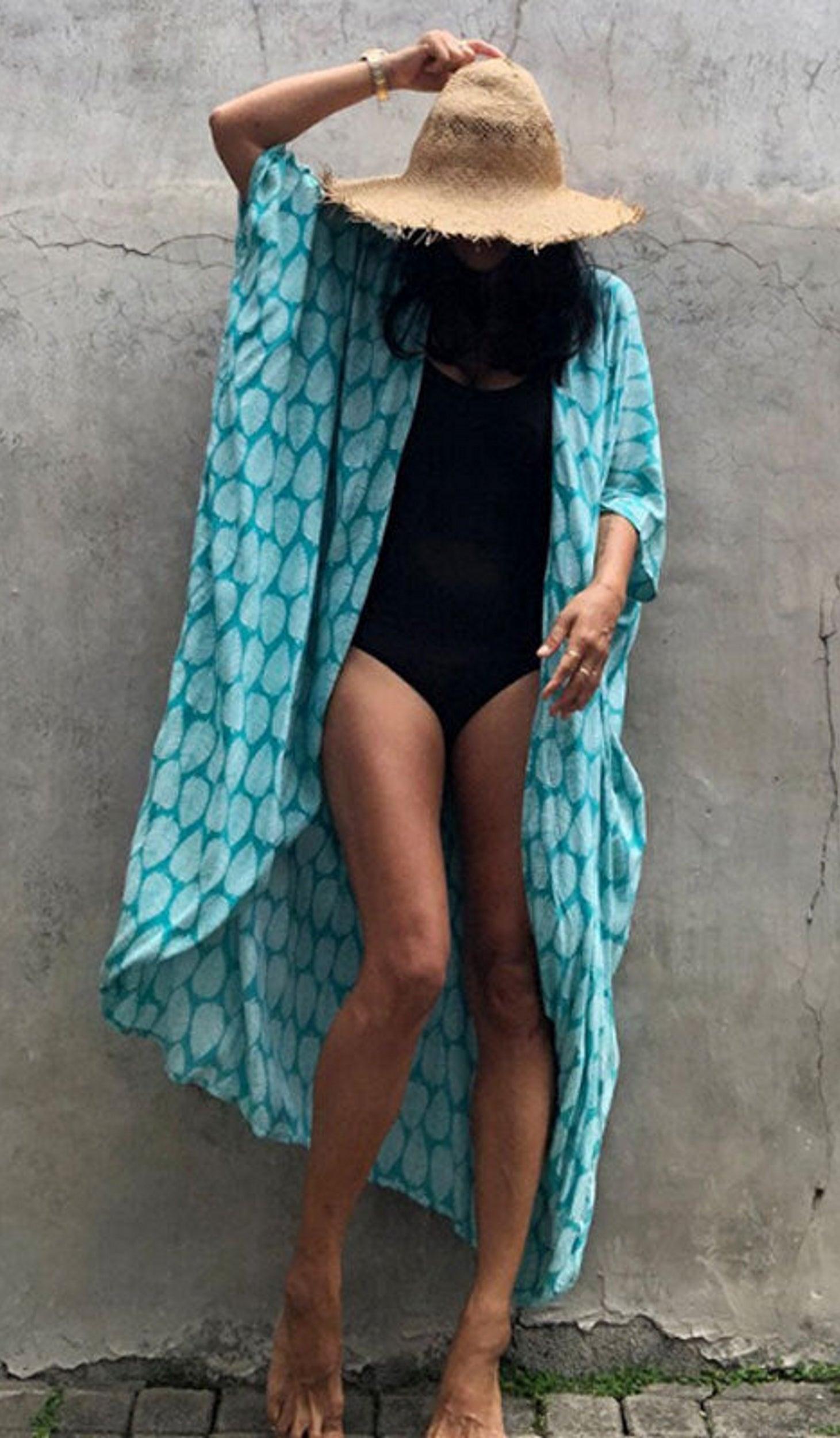 Bohemian Long Kimono, Beach Cover Ups Kimono, Tie Dye Kimono, Swimsuit Cape Summer Dress, Beachwear Cover Up Dress - Belleroz