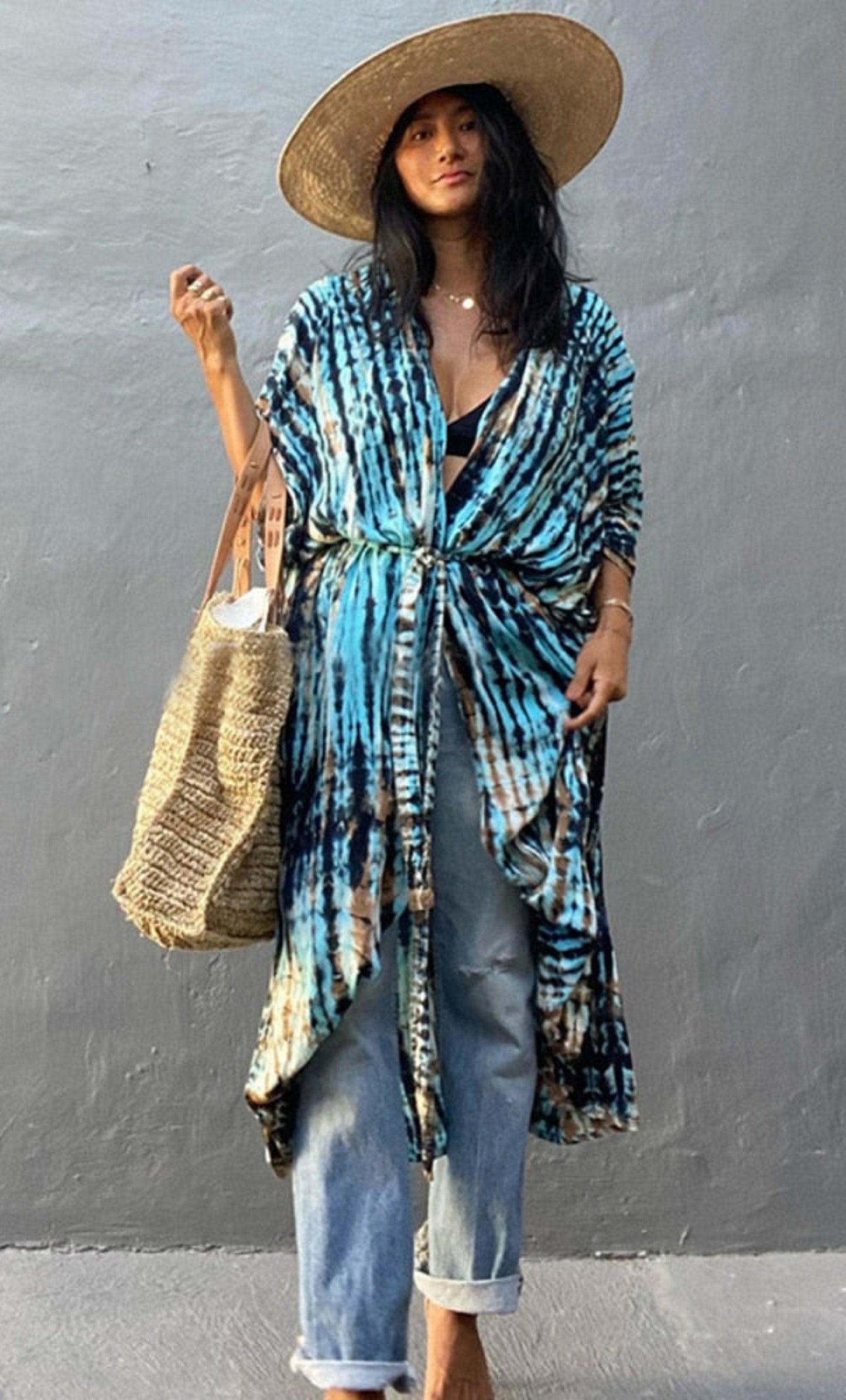 Bohemian Long Kimono, Beach Cover Ups Kimono, Tie Dye Kimono, Swimsuit Cape Summer Dress, Beachwear Cover Up Dress - Belleroz