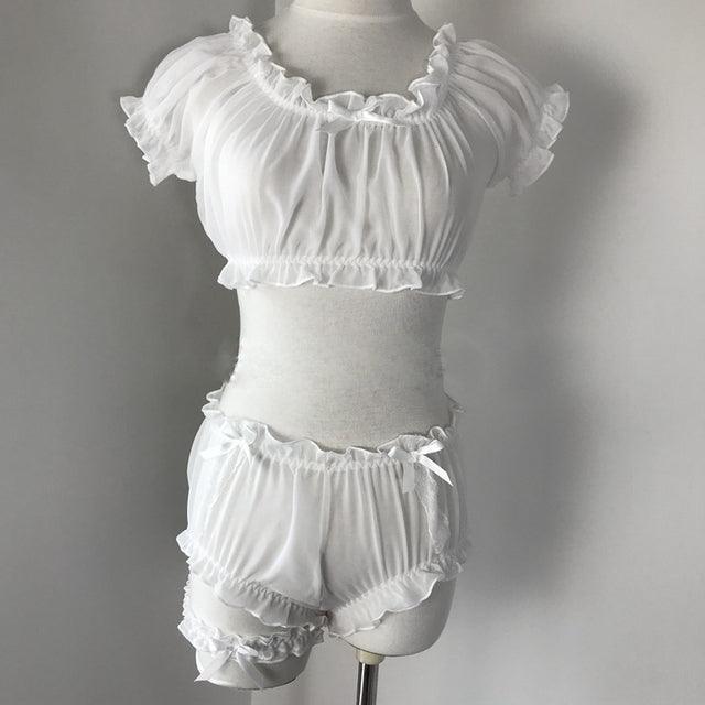 Babydoll Sheer Stars Ultra-thin Gauze Ruffles Off Shoulder Sleeve Tops Shorts Leg Ring Underwear Set - Belleroz