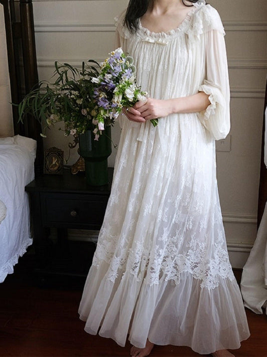 Vintage Embroidery White Lace Women's Long Nightgowns, Victorian Bridal Nightgown - Belleroz