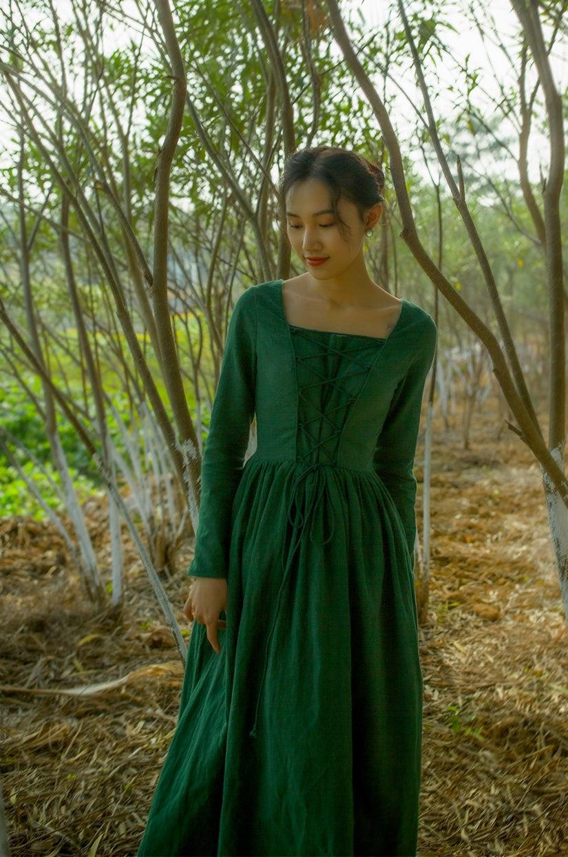 Elsie Vintage Pastoral Style Green Cotton And Linen Long Dress Medieval Retro Elegant Slim Bandage Dresses - Sandrine Swank