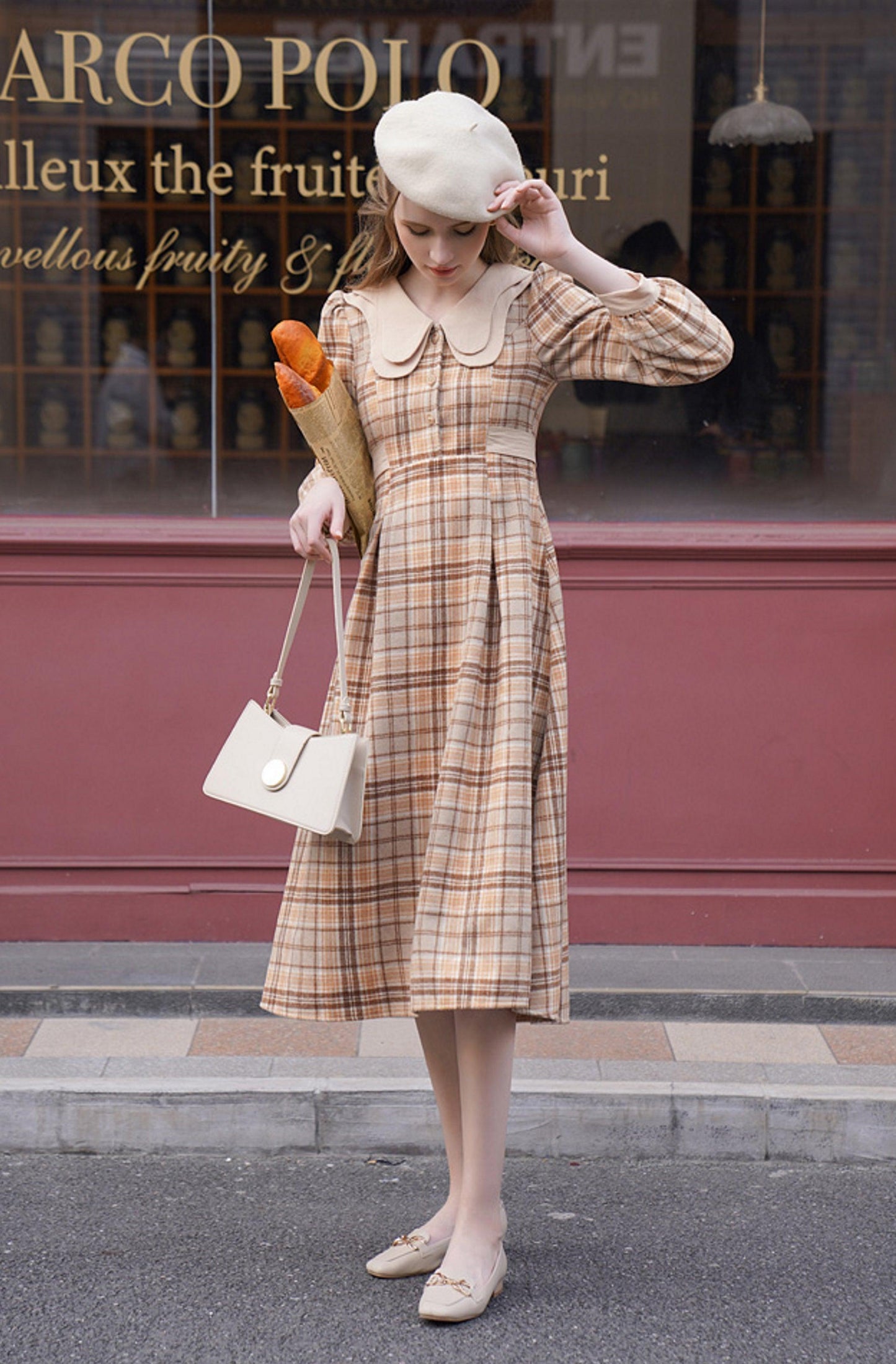 Elise Vintage Elegant Double-Layer Collar Long Sleeve Plaid Woolen Midi Dress - Sandrine Swank