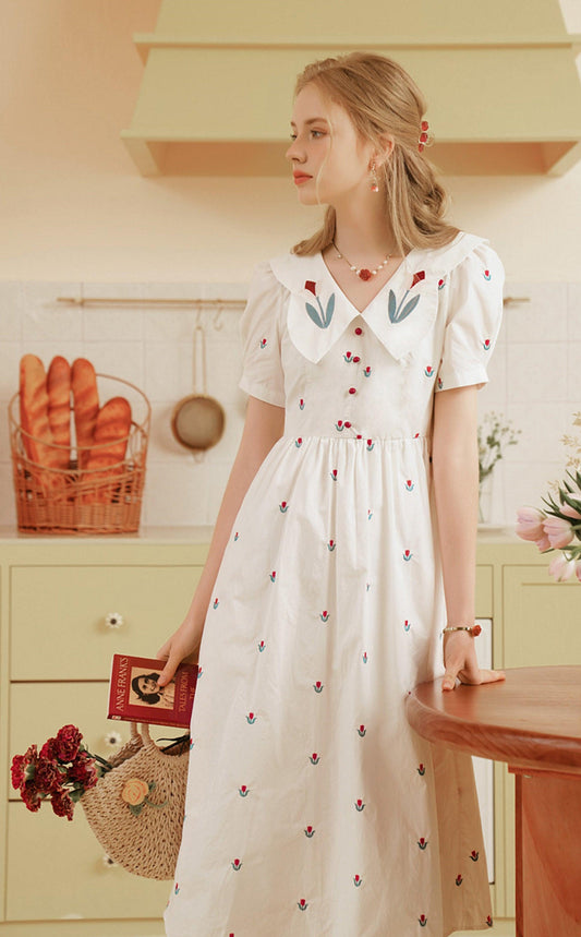 Elise White Dress Women Elegant Slim Sweet Embroidery Tulip Floral V-Neck Cotton Midi Dress Clothes - Sandrine Swank