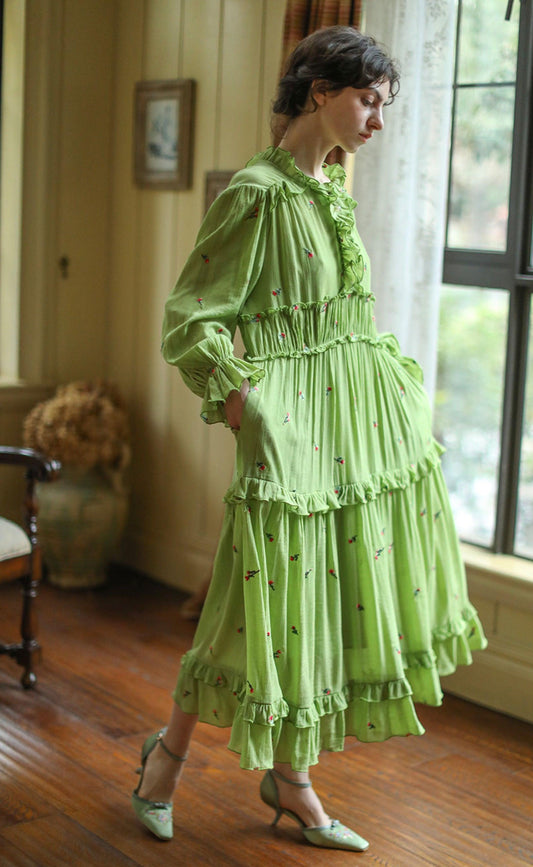 Elise Elegant Embroider Floral Green Dress Vintage Victoria Ruffles Big Swing Maxi Dress - Sandrine Swank